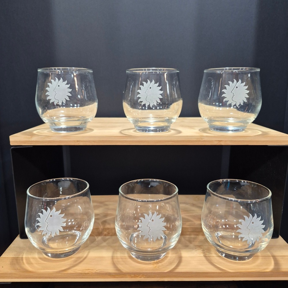 Vtg 1960s Set of 6 National Airlines Sun King Logo Roly-Poly or Rocks Glasses